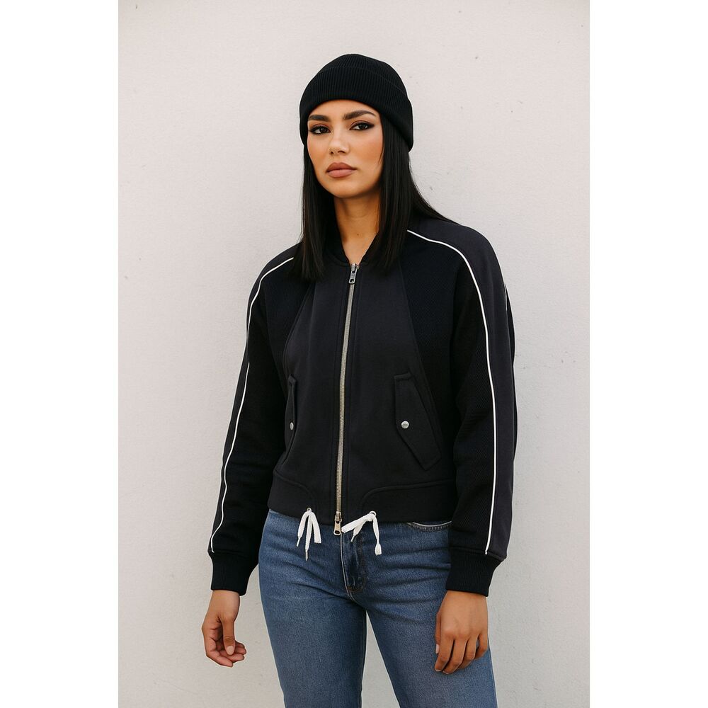 Comme Ca Ism Contemporary Mesh Mixed Media Details Bomber Jacket in Black M